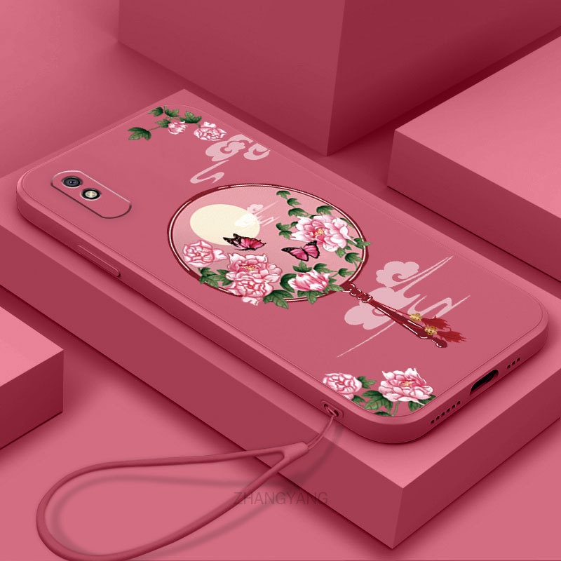 Ốp Điện Thoại Silicon Mềm Họa Tiết Hoa Mẫu Đơn Có Dây Đeo Cho Redmi 9a