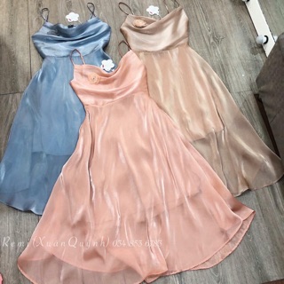 Váy lụa nhũ bóng 2 dây cổ đổ