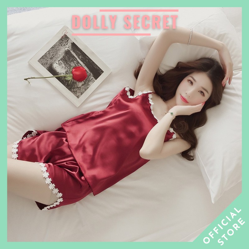 Bộ đồ 2 dây lụa cao cấp mặc nhà viền ren gợi cảm cho nữ DOLLYSECRET V06