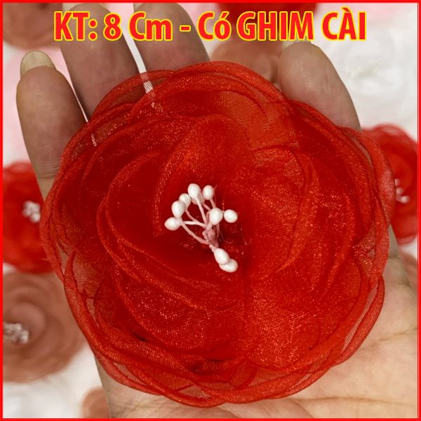 Tag Hoa Voan Cài Áo, Kiểu Cài Áo Hoa Có Ghim, Có Trâm Cài Áo Váy Màu Hồng, Đỏ, Nâu Kích Thước 8 CM CH004