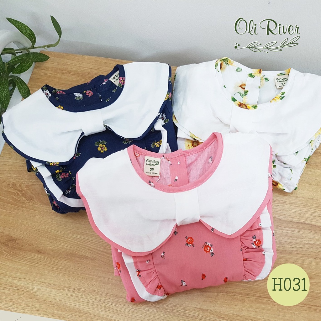 Váy tay bồng Lolita OLIRIVER kèm cổ bèo nơ chất liệu thô dành cho bé gái từ 1 - 10 tuổi - H031