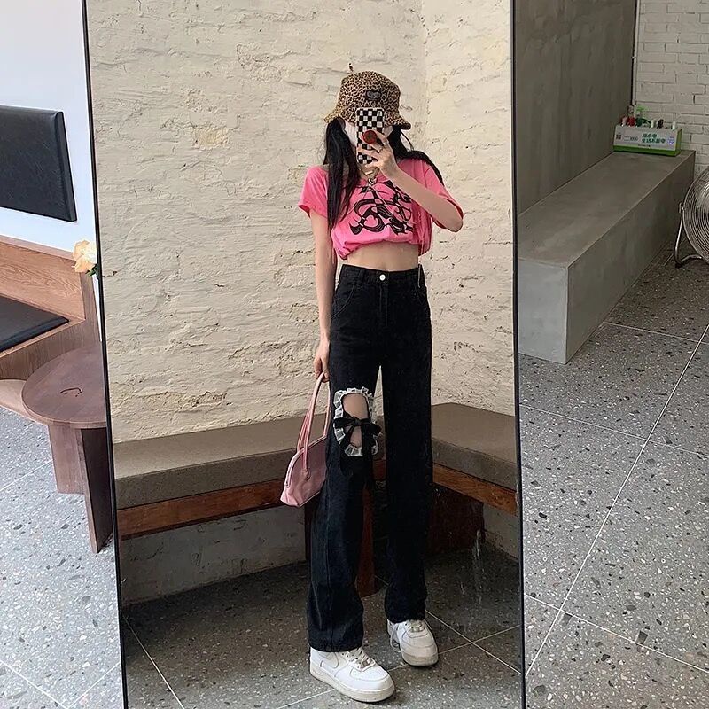 Quần jean dài ống rộng phối ren thiết kế mỏng thời trang hè phong cách Hàn Quốc cho nữ