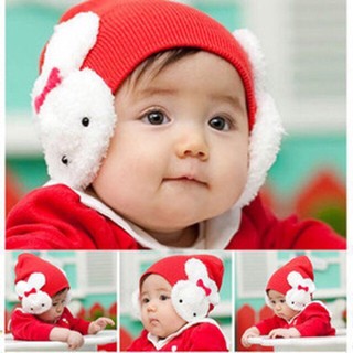 Mũ len đỏ tai thỏ trắng cho bé