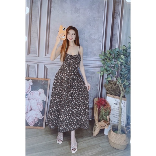 Đầm hoa 2 dây nơ dáng dài maxi-hình thật.