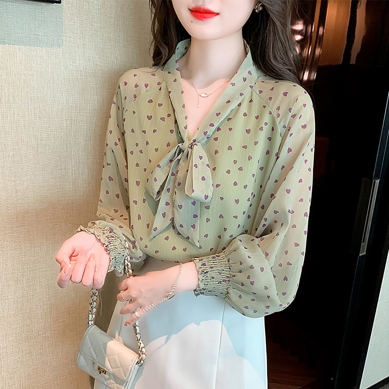 Áo Sơ Mi chiffon Dài Tay Cổ Chữ V Thắt Nơ In Họa Tiết Trái Tim Thời Trang Hàn Quốc Mới Cho Nữ