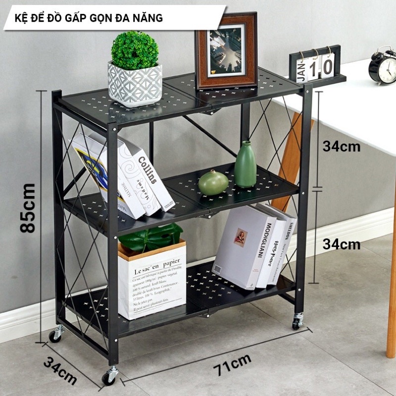 Bộ sản phẩm Kệ gấp 3 tầng thép cacbon chống gỉ 5 lớp - Thiết kế sang trọng, gồm 4 bánh xe, di chuyển dễ dàng, tải 80kg