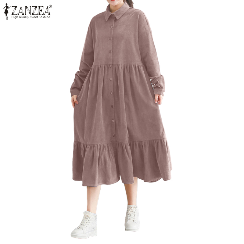 Đầm ZANZEA Tay Dài Cổ Bẻ Thiết Kế Xếp Ly Phong Cách Hàn Quốc Thời Trang Dành Cho Nữ
