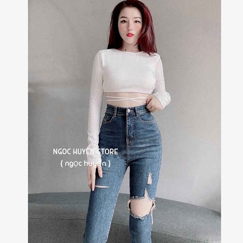 Quần jean siêu cao rách gối nhẹ (m0997))