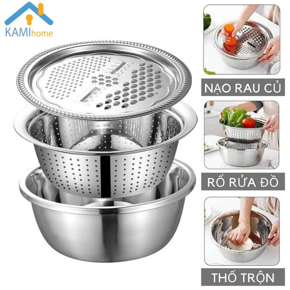 Bộ bát Inox đa năng gồm: Bàn nạo 4 kiểu + Rổ thưa + Thố đựng thực phẩm mã 20076