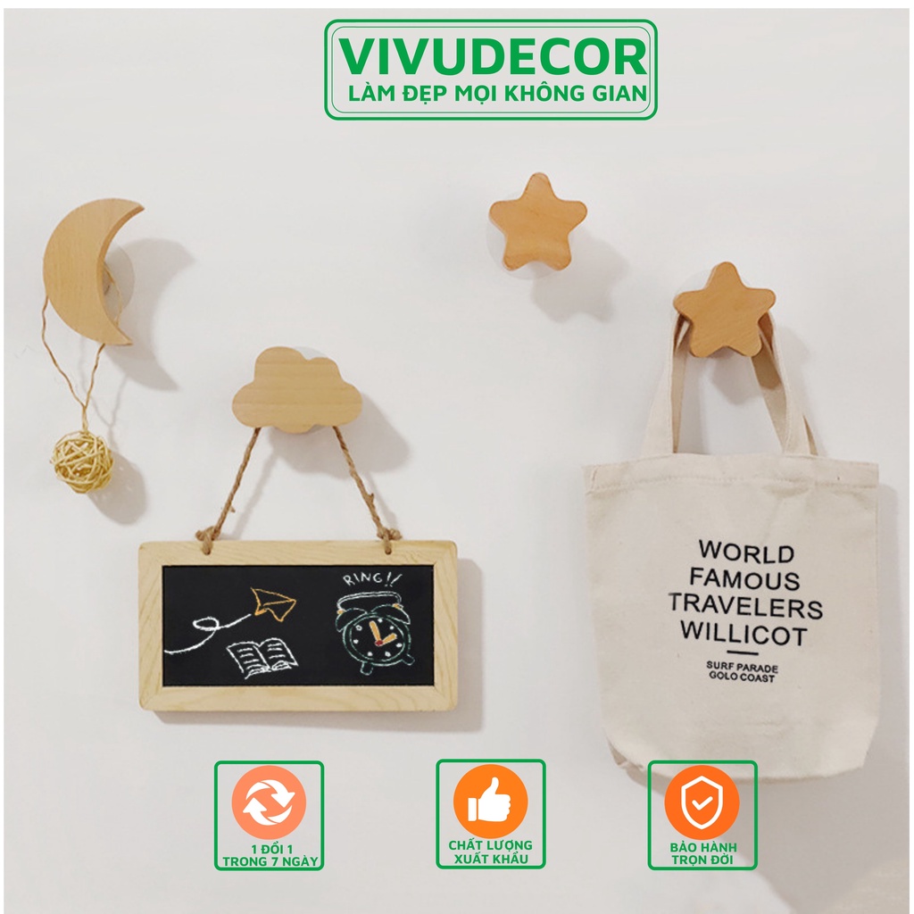 Bộ Móc Treo Đồ Hình Trăng Sao Mây 100% Màu Gỗ Tự Nhiên Đa Năng Trang Trí Phòng Siêu Xinh Vừa Dán Vừa Khoan Bắt Vít Móc