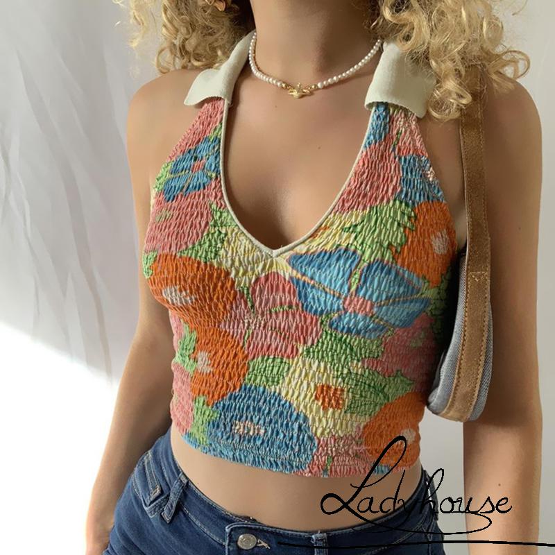 Áo Croptop Hai Dây Cổ Chữ V In Họa Tiết Thời Trang Mùa Hè Cho Nữ