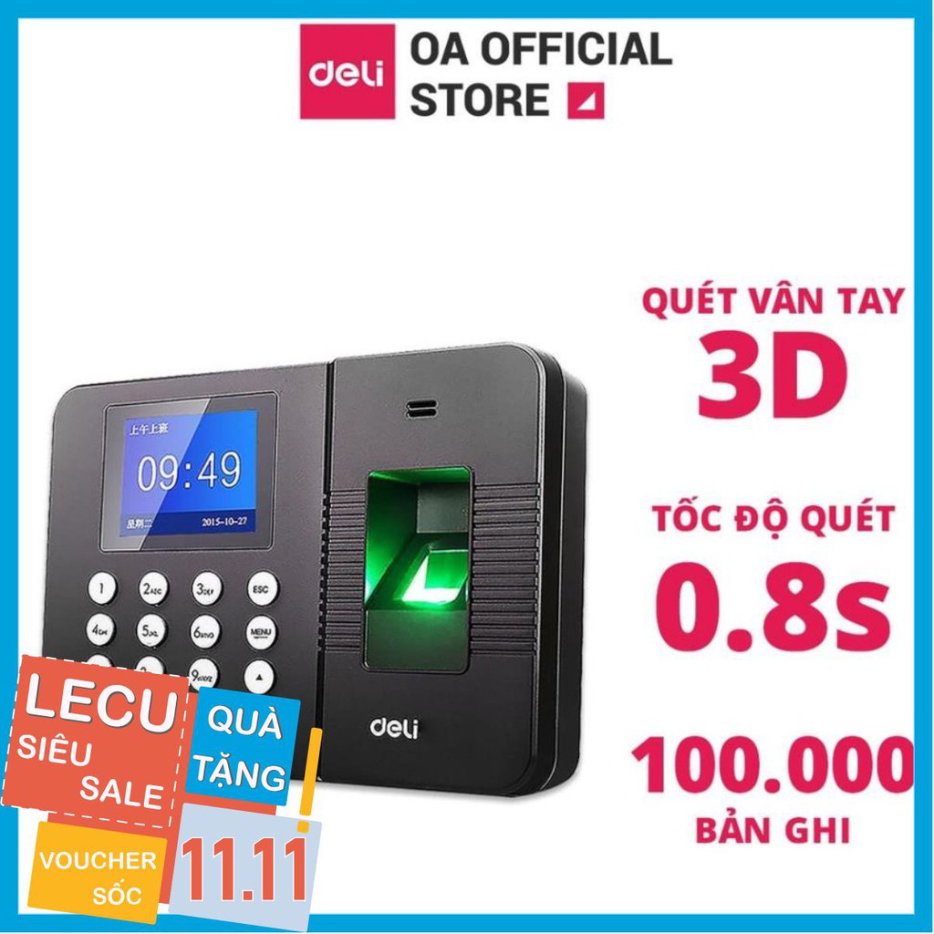 Máy Chấm Công Quét Vân Tay Deli Chính Hãng - Màn Hình 2.4 Inch, Cổng Kết Nối USB - Nhiều Ngôn Ngữ - E3960