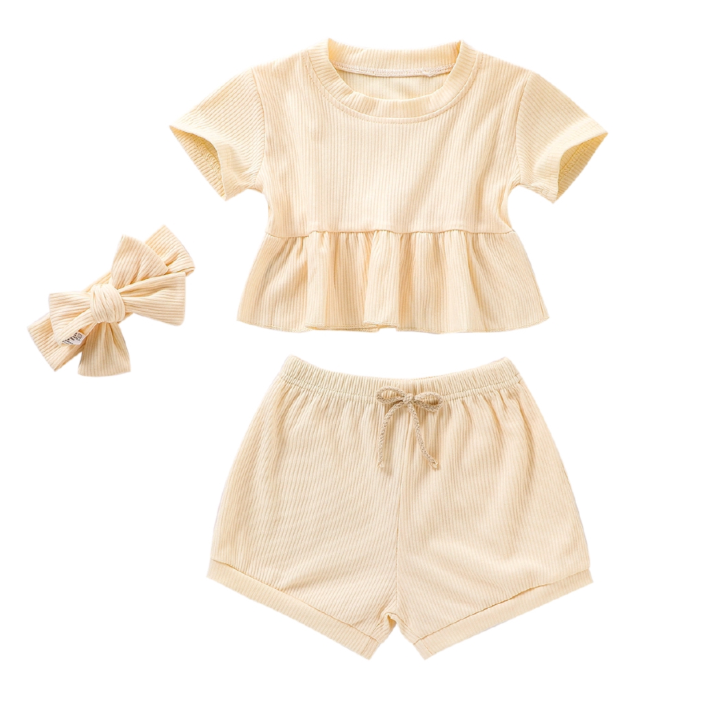 Bộ Áo Thun Tay Ngắn Và Quần Short Kèm Băng Đô Quấn Đầu Cho Bé Gái