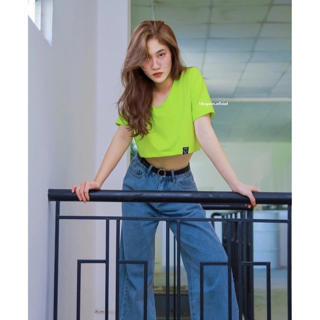 Áo cổ v xinh màu xanh neon xinh chất thun cotton mềm sieu hot hit