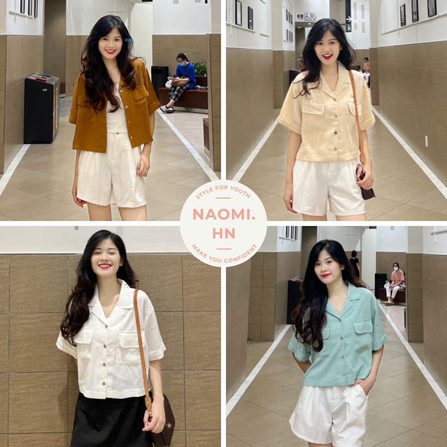 Áo sơ mi nữ cổ vest dáng ngắn croptop khoẻ khoắn trẻ trung chất đũi mát. Sơ  mi cổ V nhiều màu túi ngực dáng croptop.