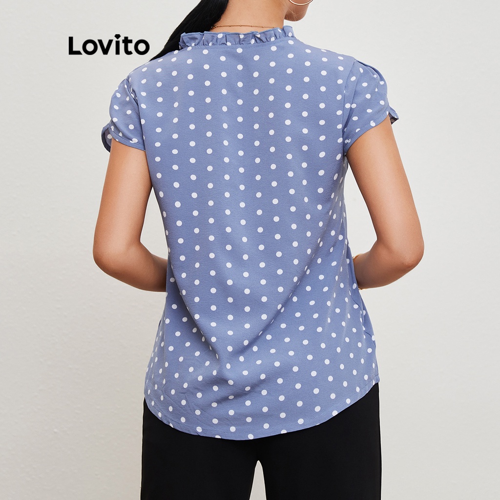 1221de-Lovito Áo Kiểu Tay Bèo Cổ Bèo Họa Tiết Chấm Bi L20D002