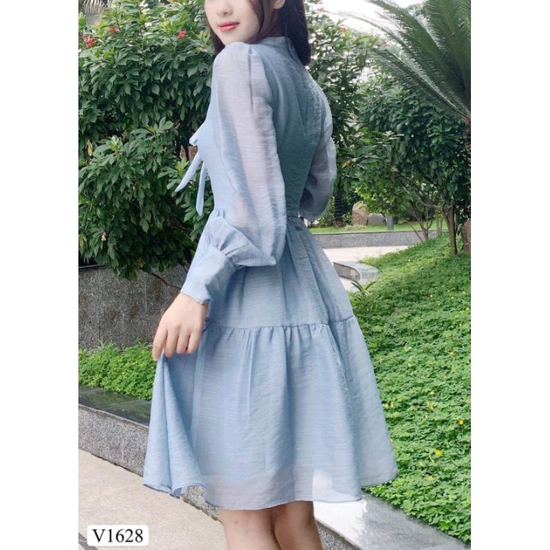 Thời trang thiết kế thương hiệu DVC cao cấp, V1628 váy đầm lụa tơ Nhật thắc nơ