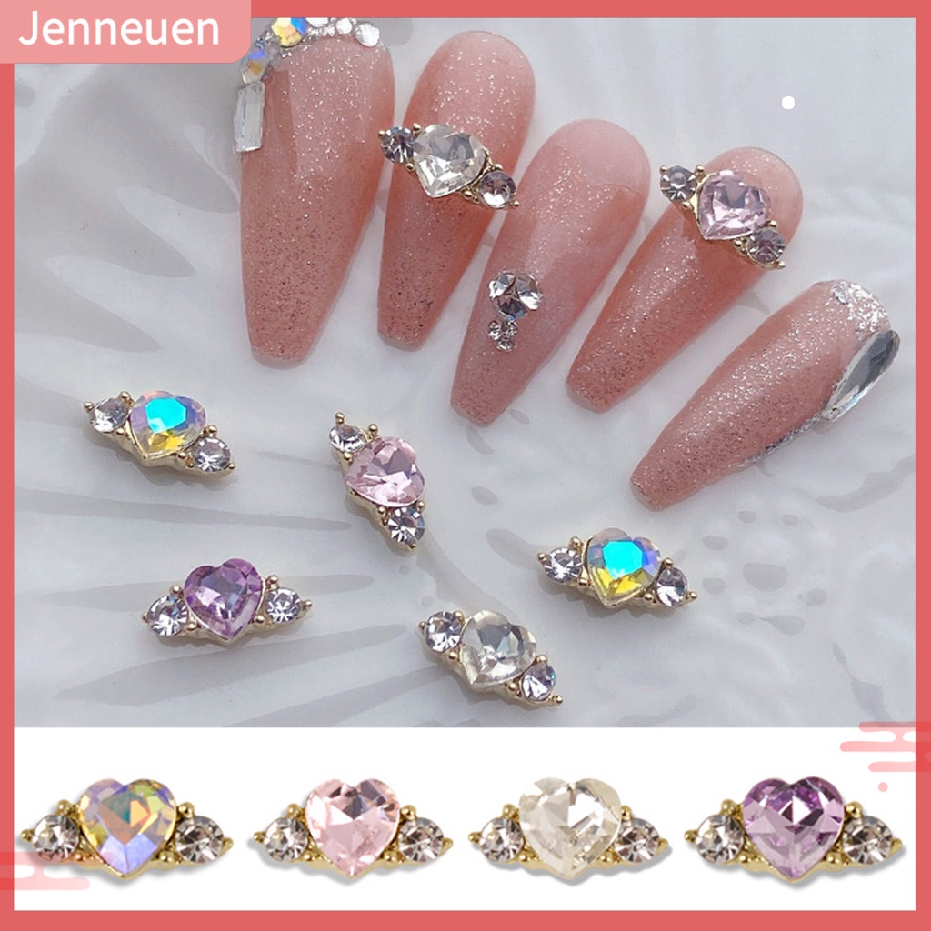Set 10 Phụ Kiện Trang Trí Móng Tay Bằng Hợp Kim Hình Trái Tim Đính Đá DIY