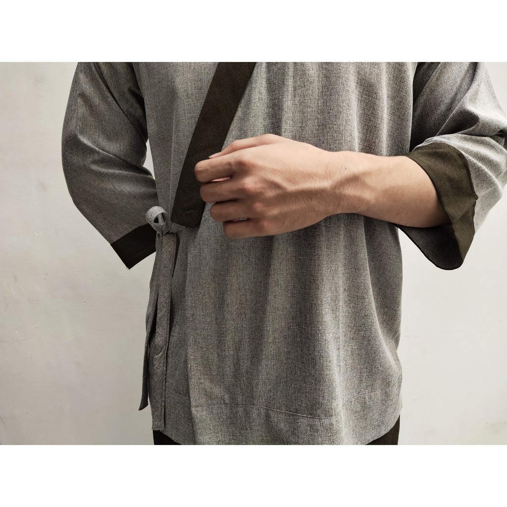 Đồ lam đi chùa nam  quần áo đi chùa màu xám - xanh rêu LAMINA