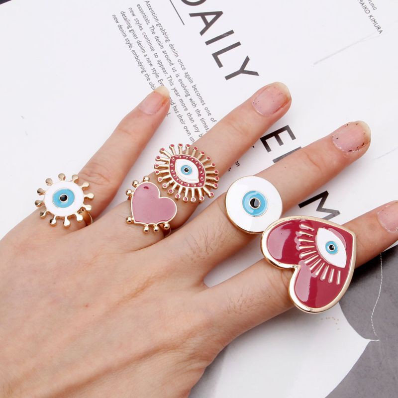 Bộ 5 nhẫn tráng men mặt hình trái tim con mắt dạng mở kiểu cường điệu trang sức thời trang cho nữ