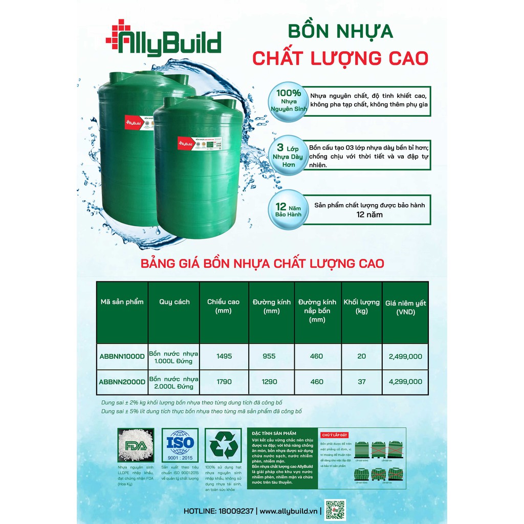 BỒN NHỰA CHẤT LƯỢNG CAO ALLYBUILD - BỒN CHƯA NƯỚC 100% NHỰA NGUYÊN SINH AN TOÀN SỨC KHỎE 1000L KIỂU ĐỨNG - ABBNN1000D