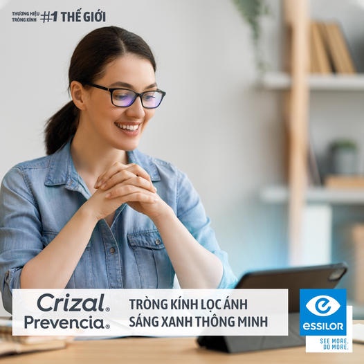 [Mã MATK4545 GIẢM 300k Đơn Tối Thiểu 1tr] Tròng Kính Pháp Essilor Lọc Ánh Sáng Xanh Thông Minh Crizal Prevencia 1.56