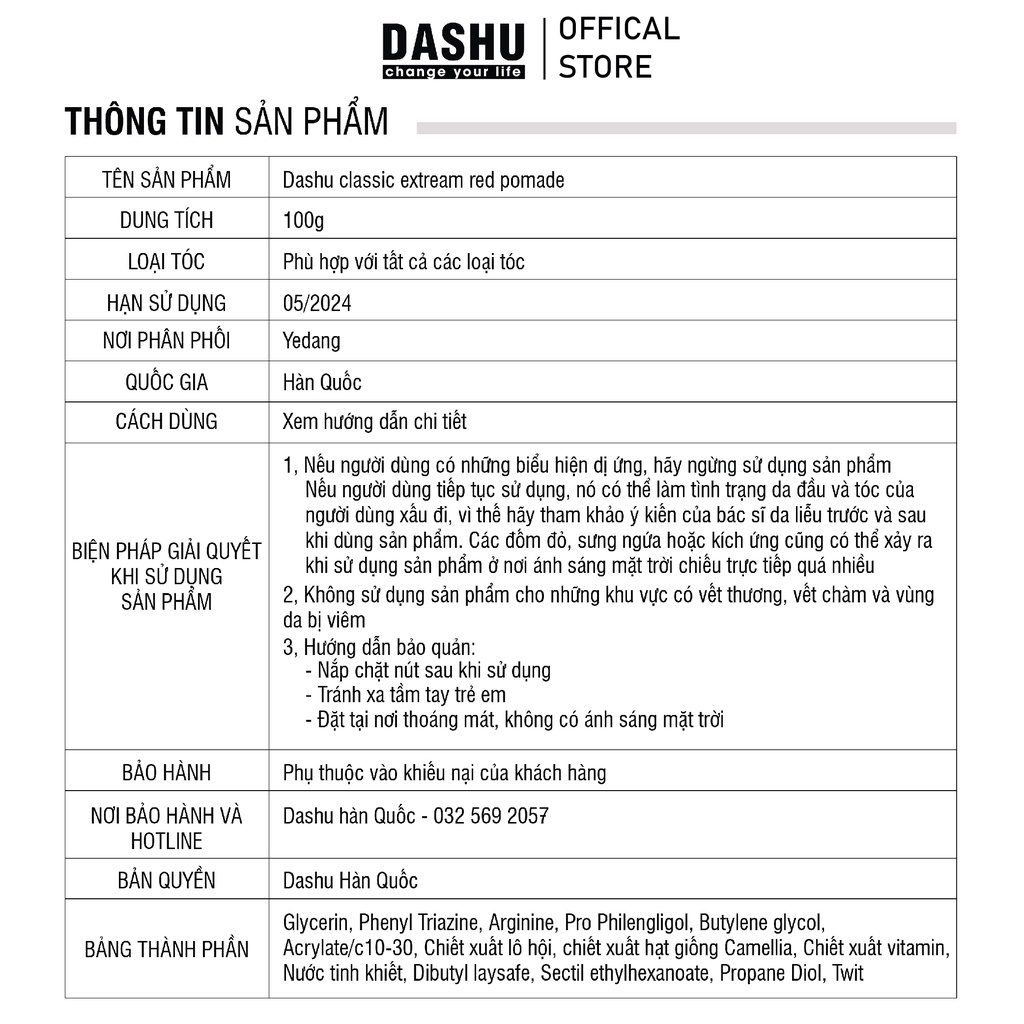 Pomade tạo kiểu Dashu Classic Renewal Extreme Red Pomade 100g