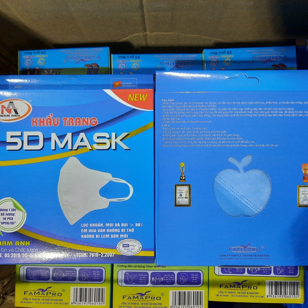 Khẩu trang y tế 4 lớp 5D MASK FAMAPRO NAM ANH kháng khuẩn cao cấp hộp 10 chiếc siêu vừa vặn, Không bí thở