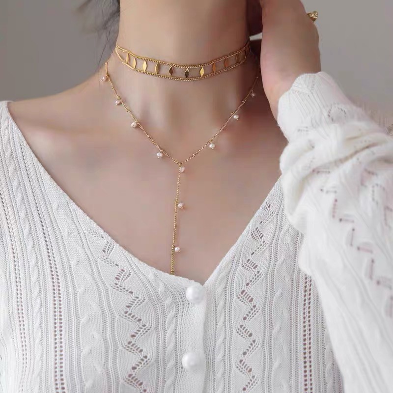 Dây Chuyền Hai Lớp Bằng Thép Titan Mạ Vàng 18k Đính Kim Cương Phong Cách Âu Mỹ Đơn Giản Dễ Phối Đồ Làm Quà Tặng Sinh Nhật / Valentine