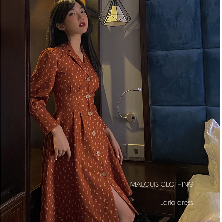 Váy cổ vest hoa nhí tay dài kiểu vintage - M120