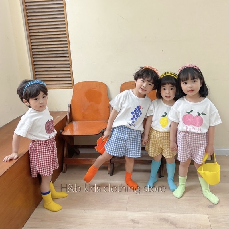 Bộ hoa quả cho bé trai, bé gái. Áo cotton, quần đũi kẻ mát rượi- M0031