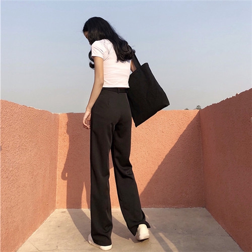 Quần dài XIAOZHAINV lưng cao dáng rộng màu đen phong cách vintage