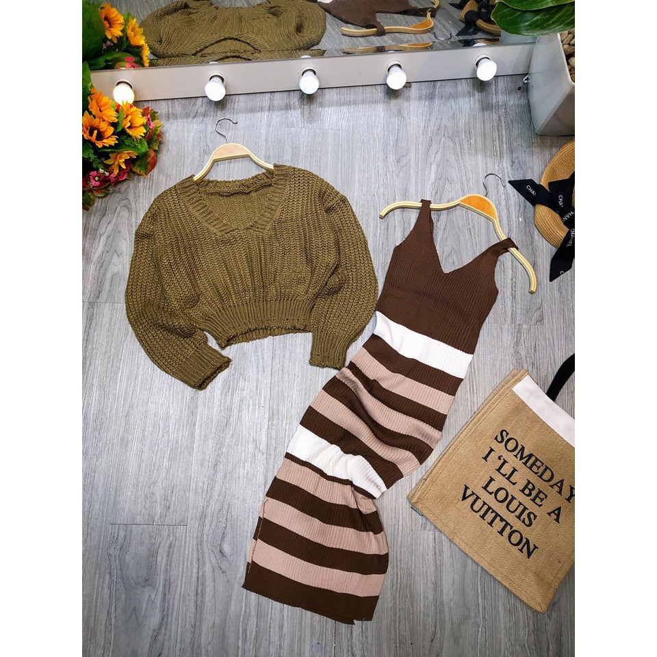 Sét váy body len + áo len nâu_Xưởng May Quang Anh