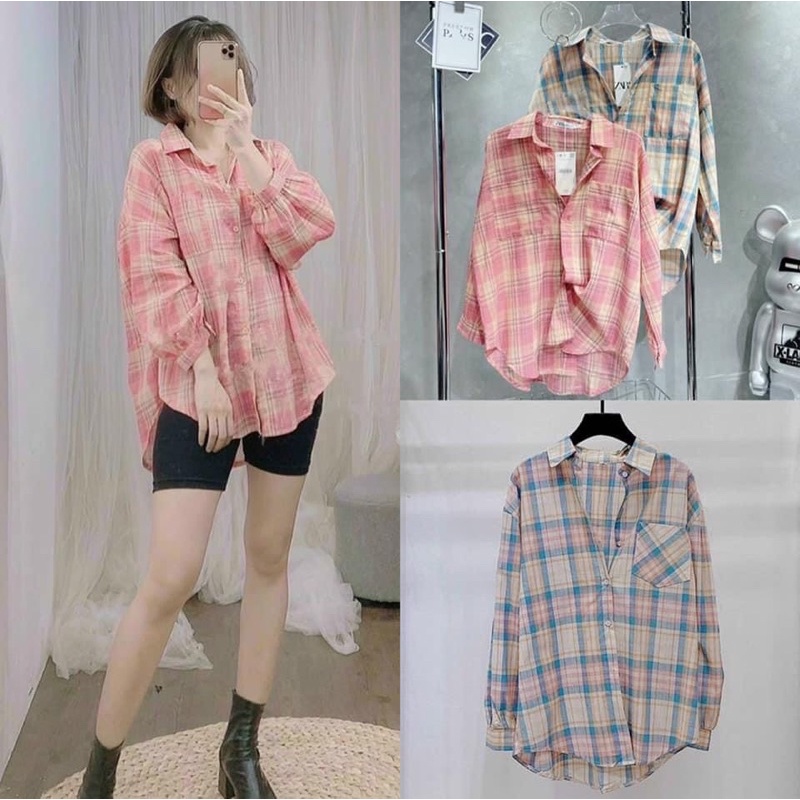 Áo sơmi đũi kẻ hồng tay phồng from rộng thoải mát dễ phối đồ alohashop91
