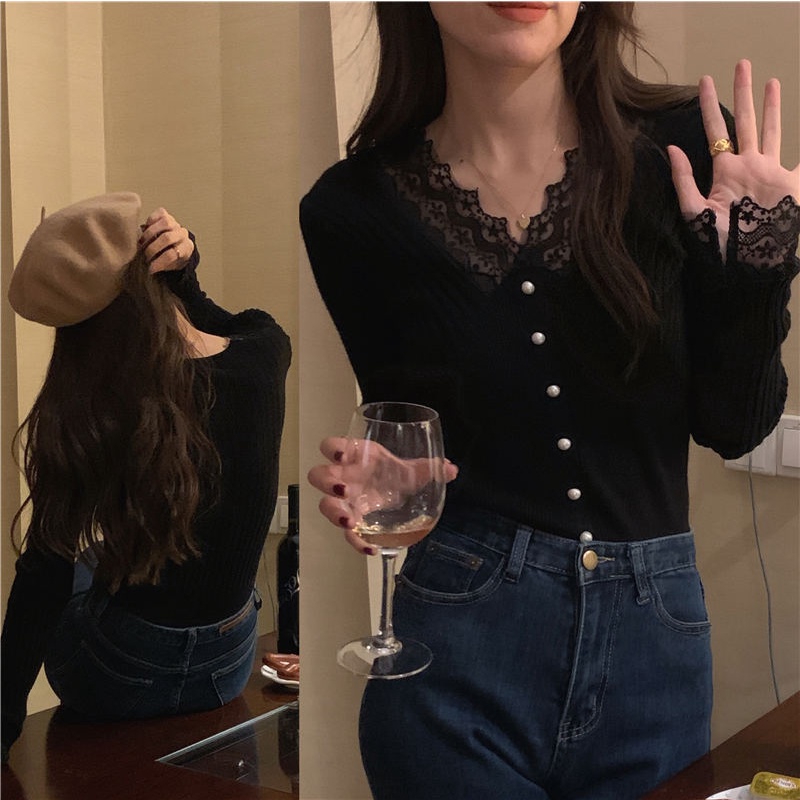 SUXI Áo Dệt Kim Tay Dài Màu Sắc Trơn Dáng Ôm Phối Ren Phong Cách Hàn Quốc Thời Trang Cho Nữ