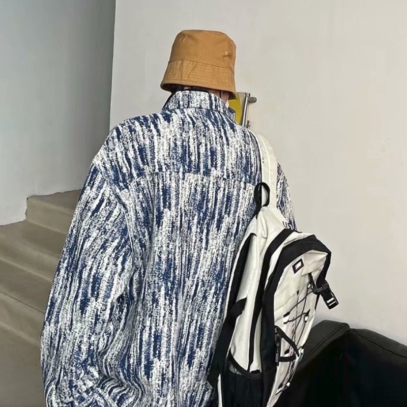 Áo Khoác Tay Dài Dáng Rộng Kẻ Sọc Nhuộm Màu Kiểu Hàn Quốc Thời Trang Mùa Thu Cho Nam