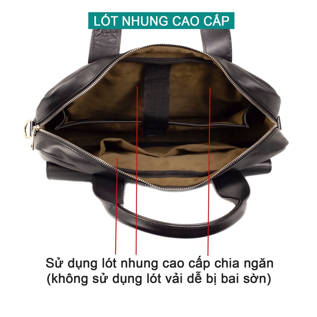 Cặp da cao cấp Bụi Leather - B102 da bò, màu đen, bảo hành 12 tháng