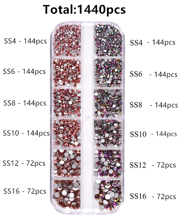 1440 Pcs/ Box 3D Rhinestones Nail Art Decoration/ Mixed Colors Nail Flat Diamond Stickers/ DIY Crystal Glitter Manicure Charms