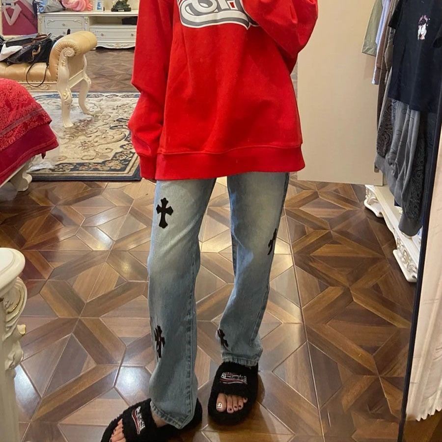 Quần jean dài eo cao ống rộng thời trang xuân thu sành điệu dành cho nữ