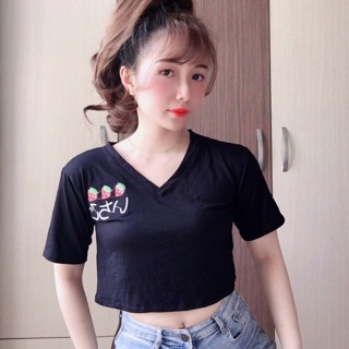 Áo Croptop cổ tim thêu trái dâu hót