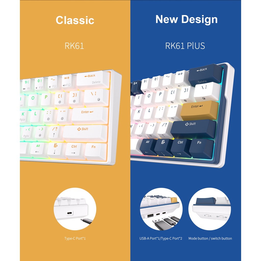 Bàn PhíM Cơ Không Dây Bluetooth 3.0 Và USB C RK61Plus Kludge 2.4G Có ĐèN RGB
