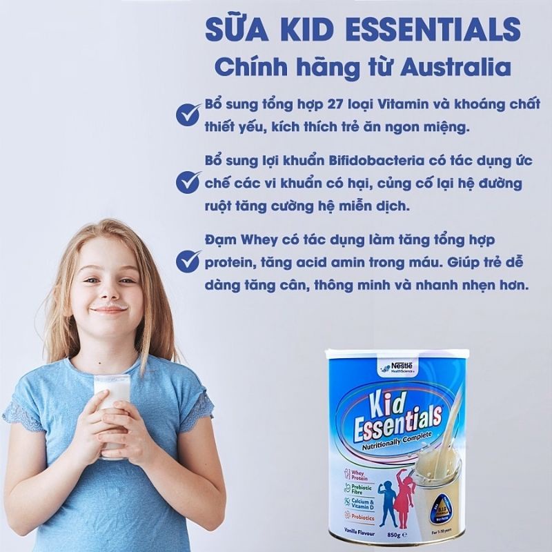 Sữa bột Kid Essentials Vanilla Úc 850gr mẫu mới,hỗ trợ tiêu hóa,tăng cân cho bé