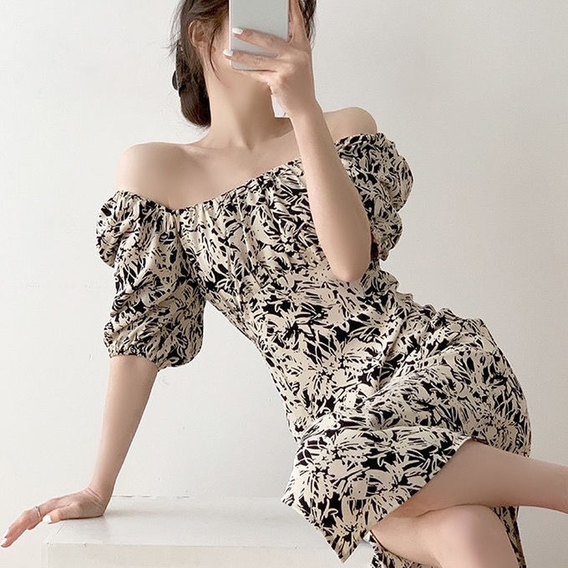 Đầm Trễ Vai In Hoa Phong Cách Retro Pháp Thời Trang Cho Nữ
