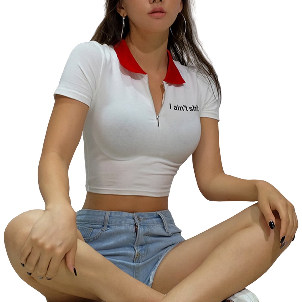 Áo thun croptop khóa kéo in chữ thời trang mùa hè cho nữ thiết kế tay ngắn