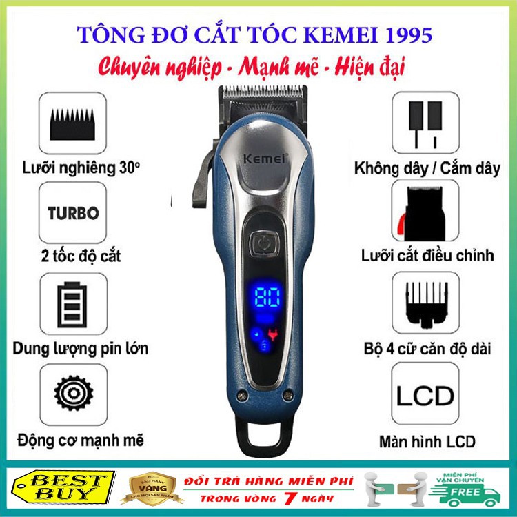 Tông đơ cắt tóc chuyên nghiệp không dây sạc pin 2 tốc độ Kemei 1995