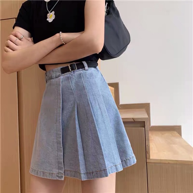 Chân váy xếp ly jean kèm thắt lưng Quảng Châu Cực Xinh Giá Rẻ