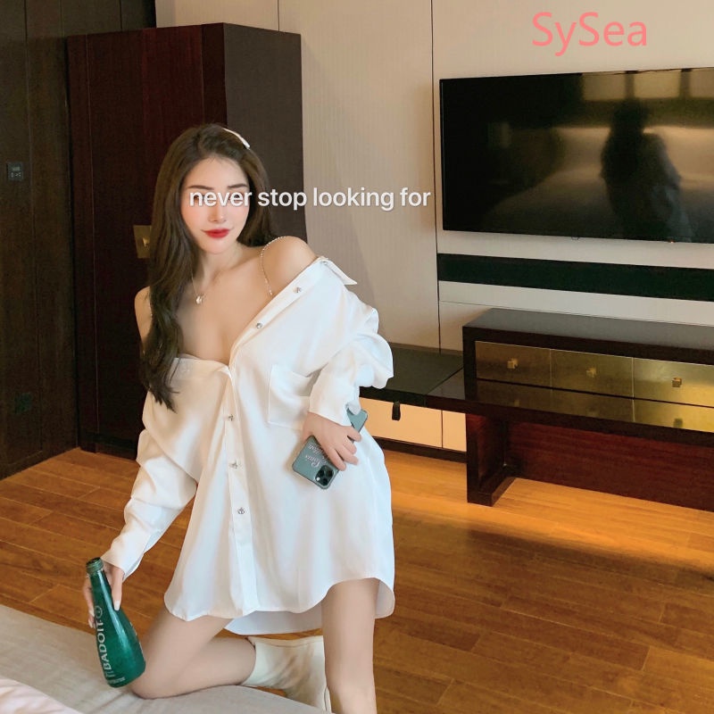 Áo sơ mi cổ đứng tay dài dáng rộng trễ vai quyến rũ thời trang mùa thu cho nữ