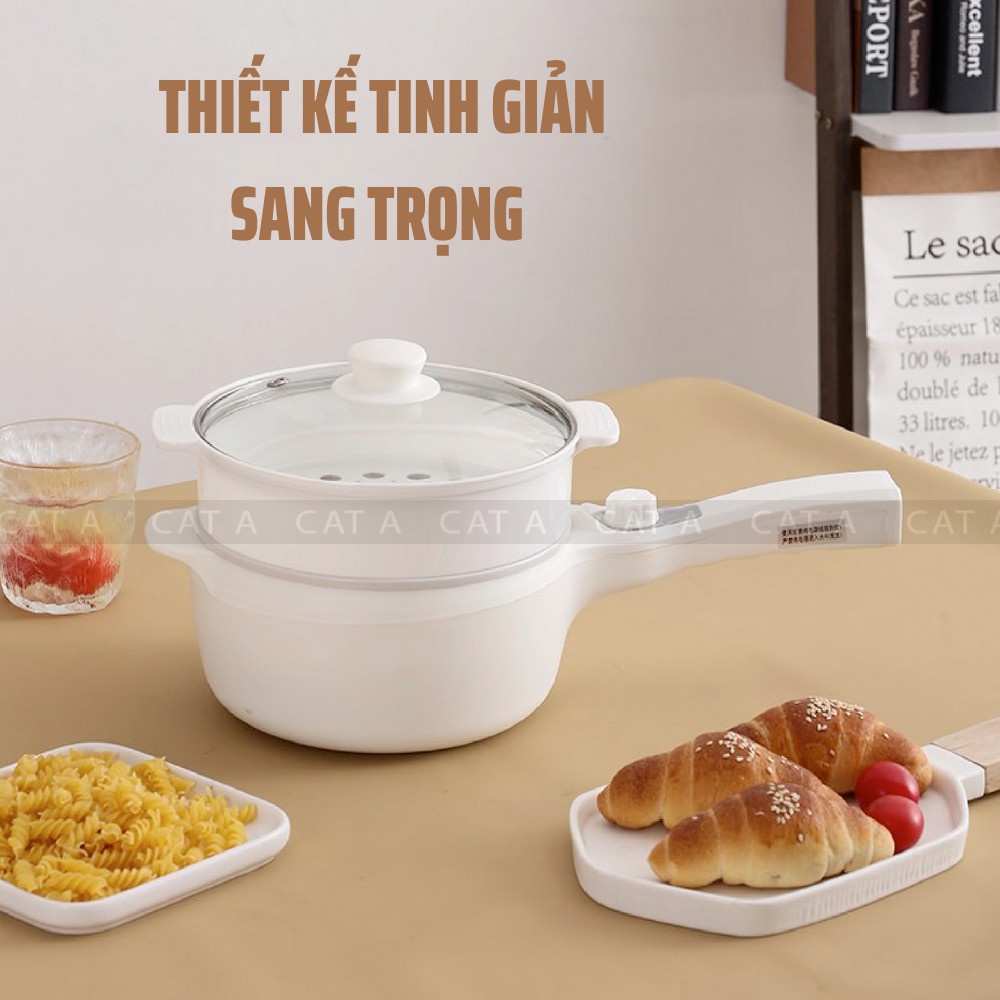 Nồi điện đa năng SHANGHOU mini chống dính có tay cầm - Bếp điện 2 tầng dùng để nấu, hấp, chiên, xào - Công suất 600W