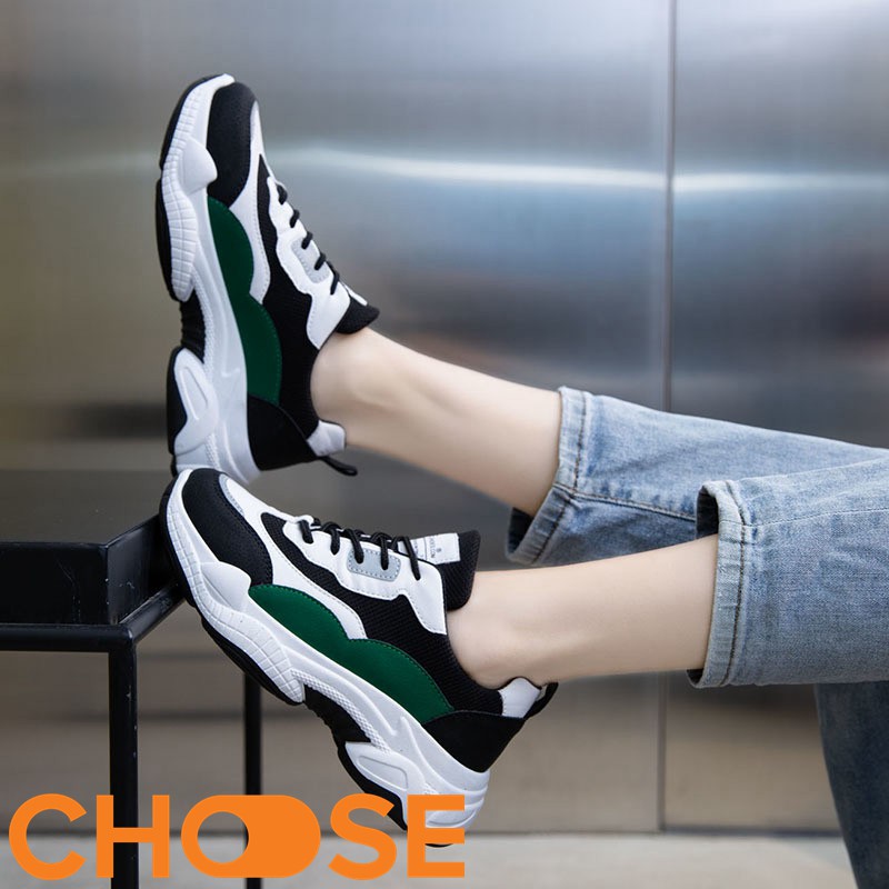 Giày Sneaker Nữ Choose Thể Thao Đế Độn 5cm Họa Tiết Phản Quang Phối Màu Đen Xanh Rêu Đẹp Mắt G29K9