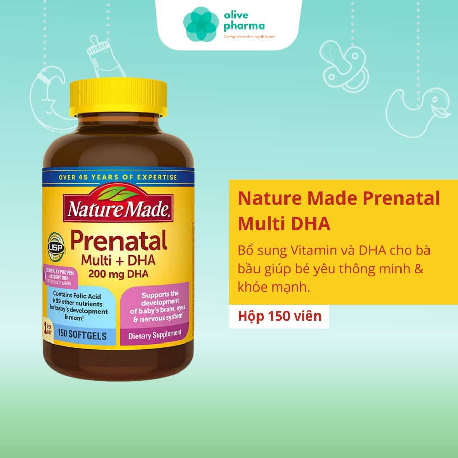 Vitamin Cho Bà Bầu Nature Made Prenatal Multi DHA 200mg Cho Bé Thông Minh Khỏe Mạnh Hộp 150 Viên - Hàng Chuẩn Mỹ